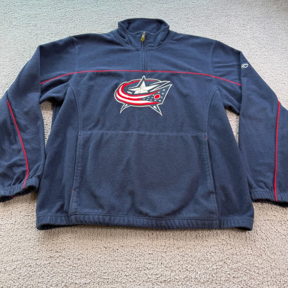 Reebok Columbus Blue Jackets NHL Fleece Quarter Zip Pullover Navy Blue Mens L